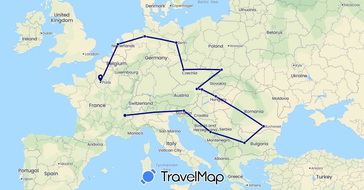 TravelMap itinerary: driving in Austria, Bosnia and Herzegovina, Bulgaria, Czech Republic, Germany, France, Hungary, Netherlands, Poland, Romania, Slovenia, Slovakia (Europe)